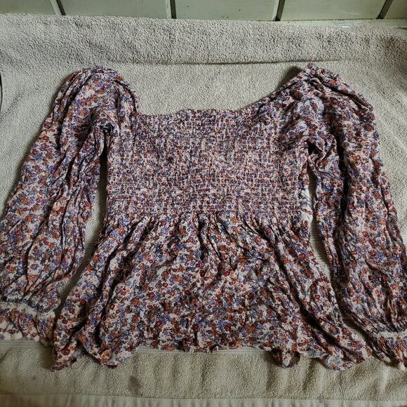 ANGIE Womens Lg Floral Blouse Longsleeve Shirred Elastic Stretch Keyhole Twist - Picture 5 of 6